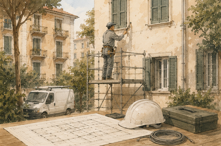 Illustrazione di un cantiere di manutenzione su un edificio