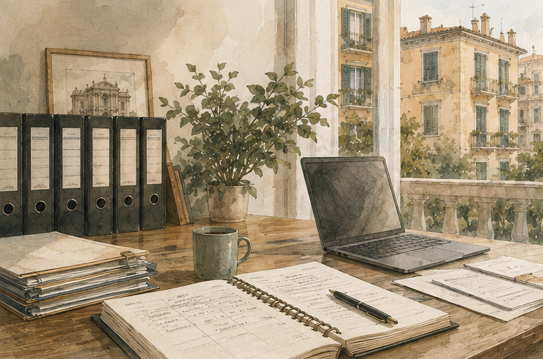 Illustrazione della scrivania dello Studio con vista su Roma