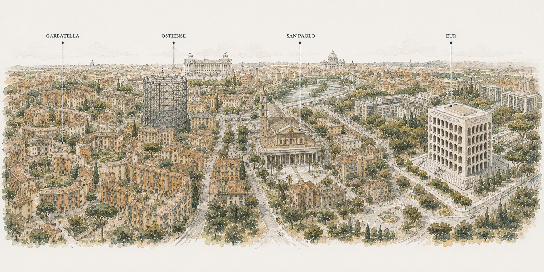 Illustrazione ad acquerello della mappa di Roma Sud con Garbatella, Ostiense, San Paolo ed EUR