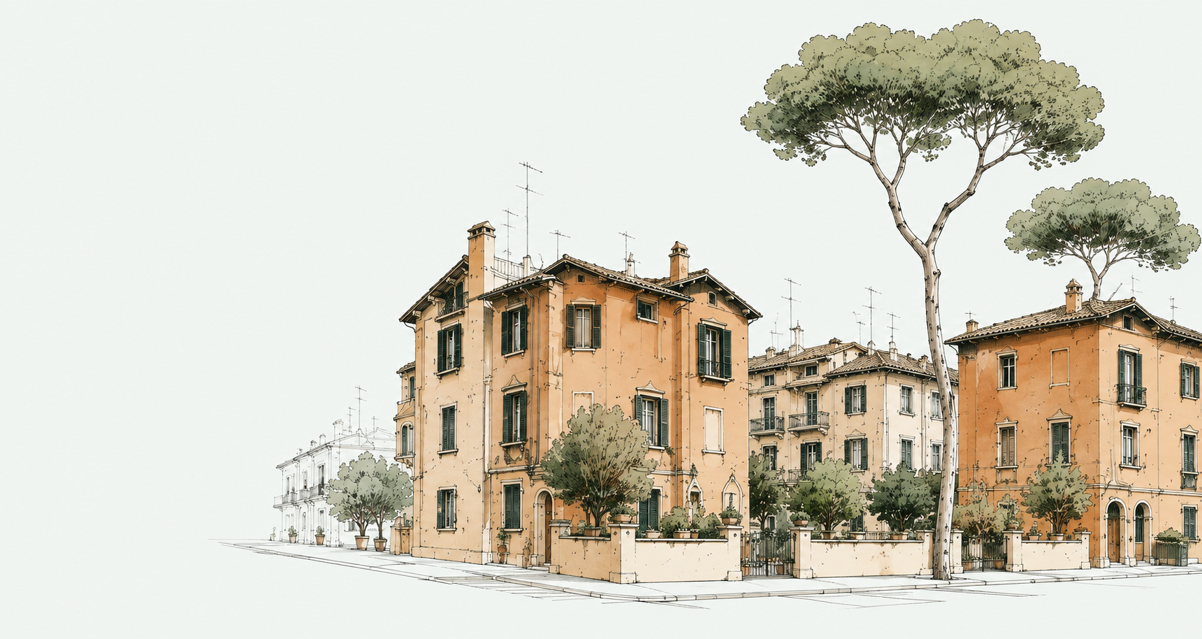 Illustrazione ad acquerello di palazzine storiche di Roma Sud