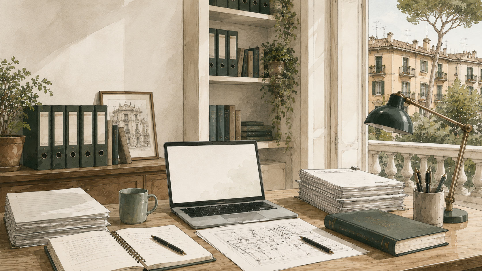 Illustrazione ad acquerello della scrivania dello Studio con vista sui palazzi romani