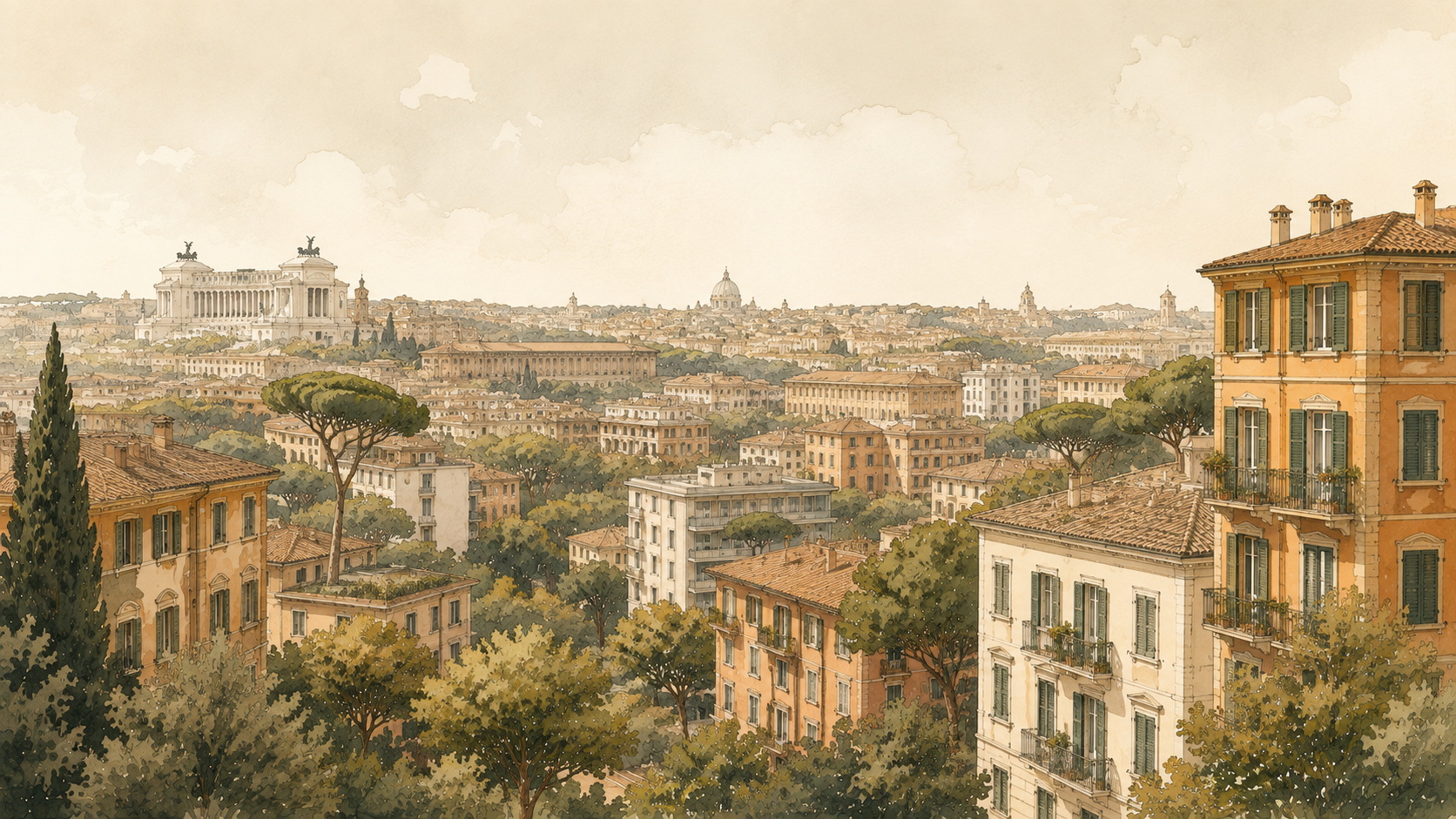 Illustrazione ad acquerello del paesaggio urbano romano con pini e palazzi storici