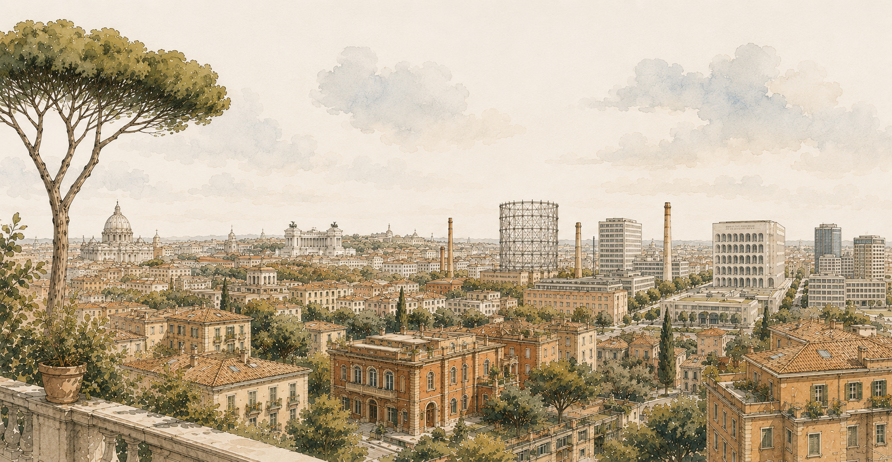 Illustrazione ad acquerello del Gazometro e del Palazzo della Civiltà Italiana all'EUR